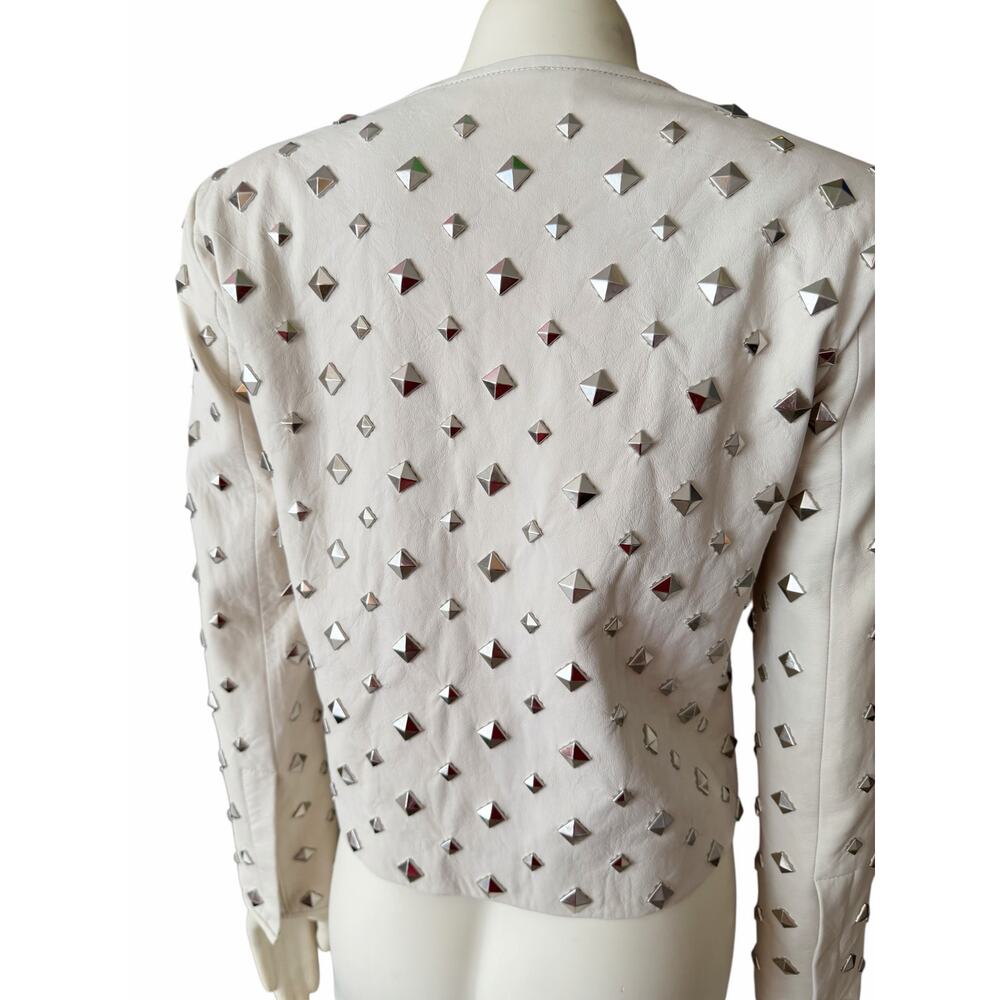 Diane Von Furstenberg Kate Leather Studded Cream Silver Jacket Sz 2 - Picture 11 of 16
